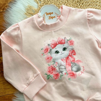 Conj. Casaco Gola Alta Gatinha com Lacinhos e Calça Legging - Rosa